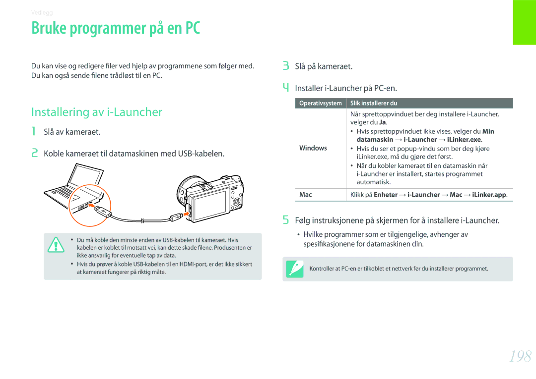 Samsung EV-NX500ZBMIDK, EV-NX500ZBMHDK, EV-NX500ZBMJDK manual Bruke programmer på en PC, 198, Installering av i-Launcher 