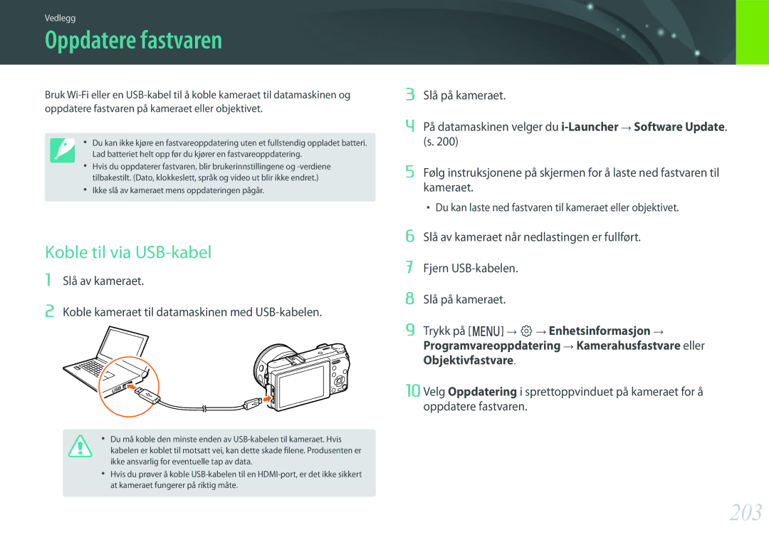 Samsung EV-NX500ZBMHDK, EV-NX500ZBMIDK, EV-NX500ZBMJDK, EV-NX500ZBMHSE Oppdatere fastvaren, 203, Koble til via USB-kabel 