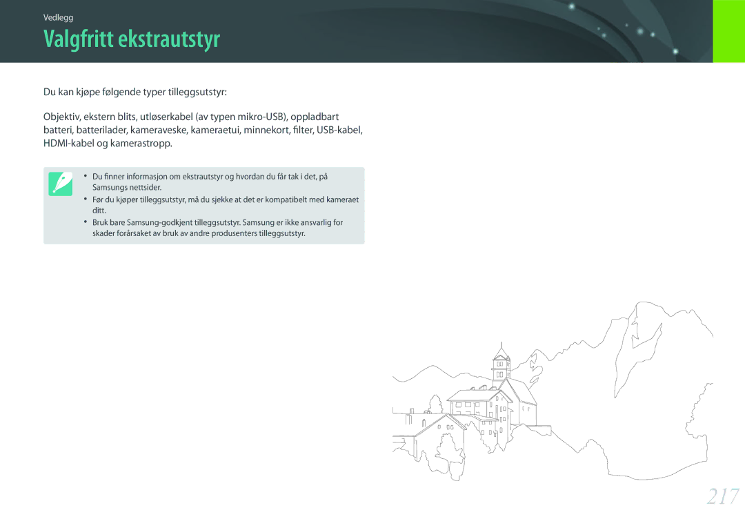 Samsung EV-NX500ZBMJDK, EV-NX500ZBMHDK, EV-NX500ZBMIDK, EV-NX500ZBMHSE, EV-NX500ZBMISE manual Valgfritt ekstrautstyr, 217 