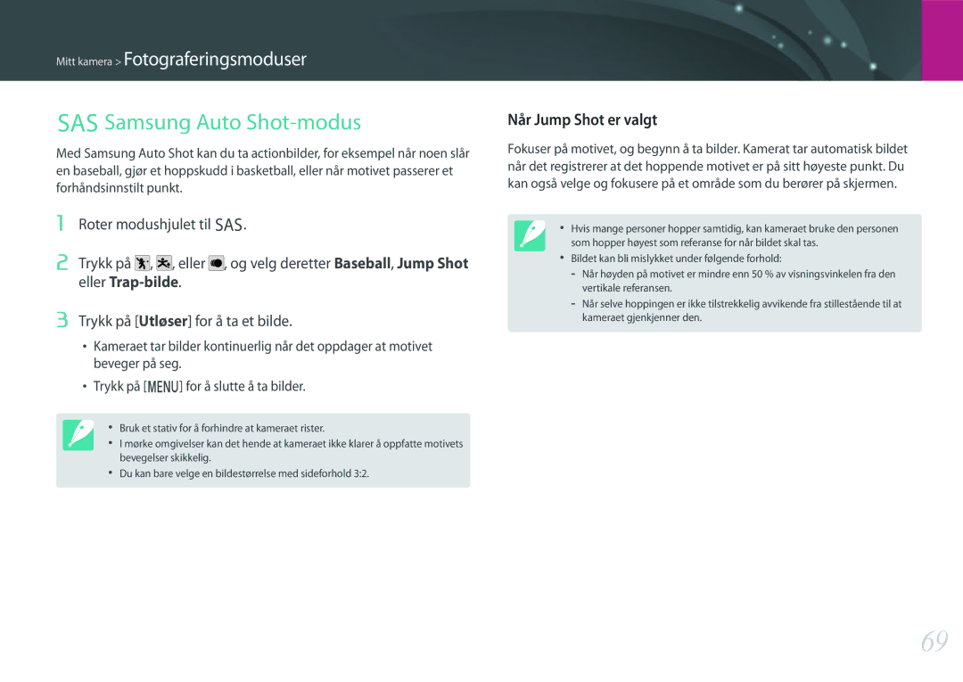 Samsung EV-NX500ZBMISE, EV-NX500ZBMHDK, EV-NX500ZBMIDK, EV-NX500ZBMJDK manual Samsung Auto Shot-modus, Når Jump Shot er valgt 