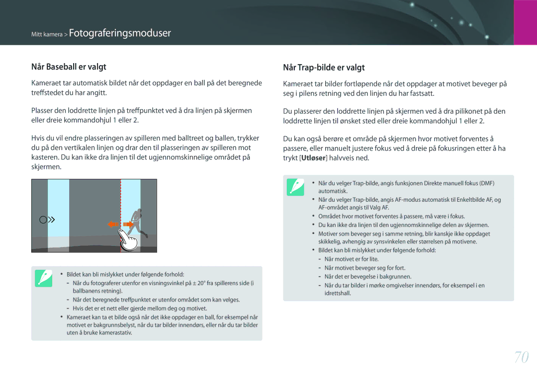 Samsung EV-NX500ZBMJSE, EV-NX500ZBMHDK, EV-NX500ZBMIDK, EV-NX500ZBMJDK manual Når Baseball er valgt, Når Trap-bilde er valgt 