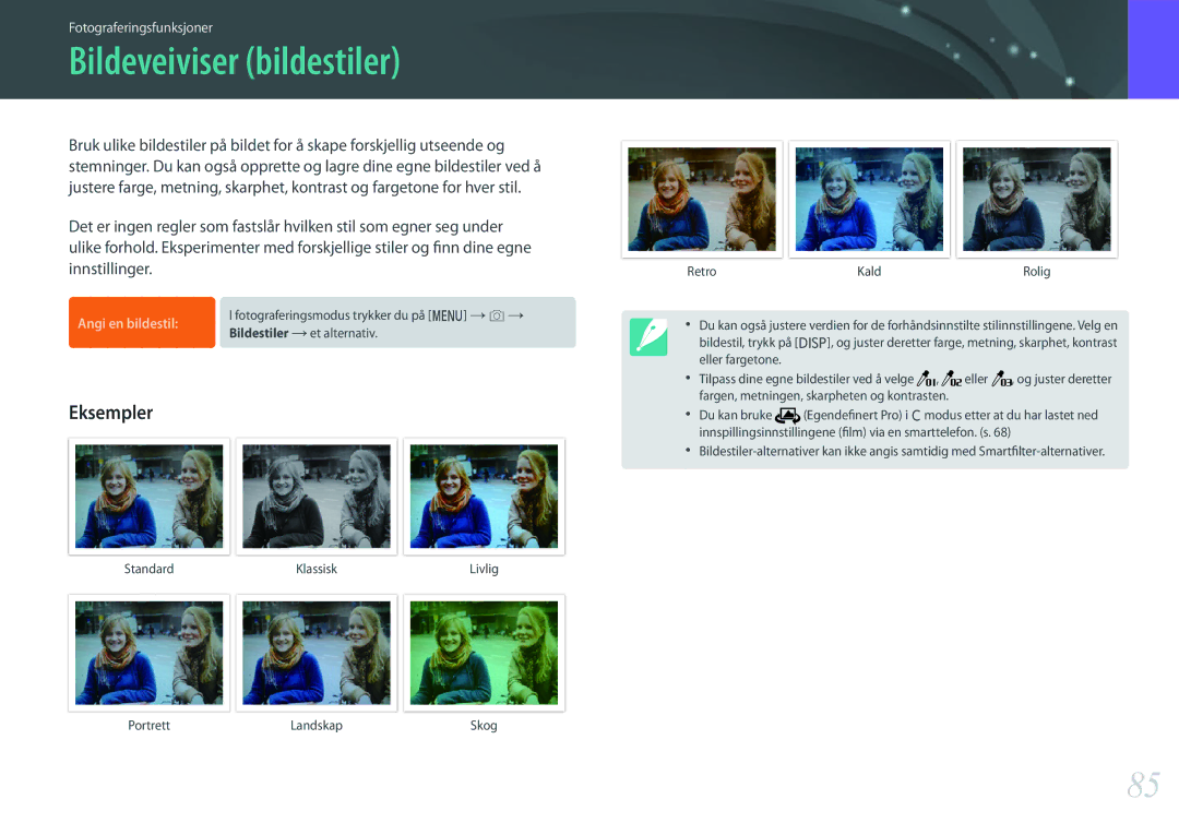Samsung EV-NX500ZBMJDK, EV-NX500ZBMHDK, EV-NX500ZBMIDK, EV-NX500ZBMHSE manual Bildeveiviser bildestiler, Angi en bildestil 