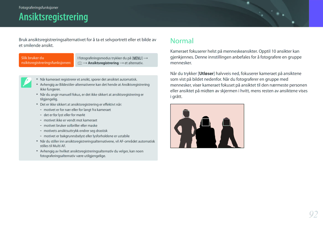 Samsung EV-NX500ZBMHSE, EV-NX500ZBMHDK, EV-NX500ZBMIDK, EV-NX500ZBMJDK manual Ansiktsregistrering, Normal, Slik bruker du 