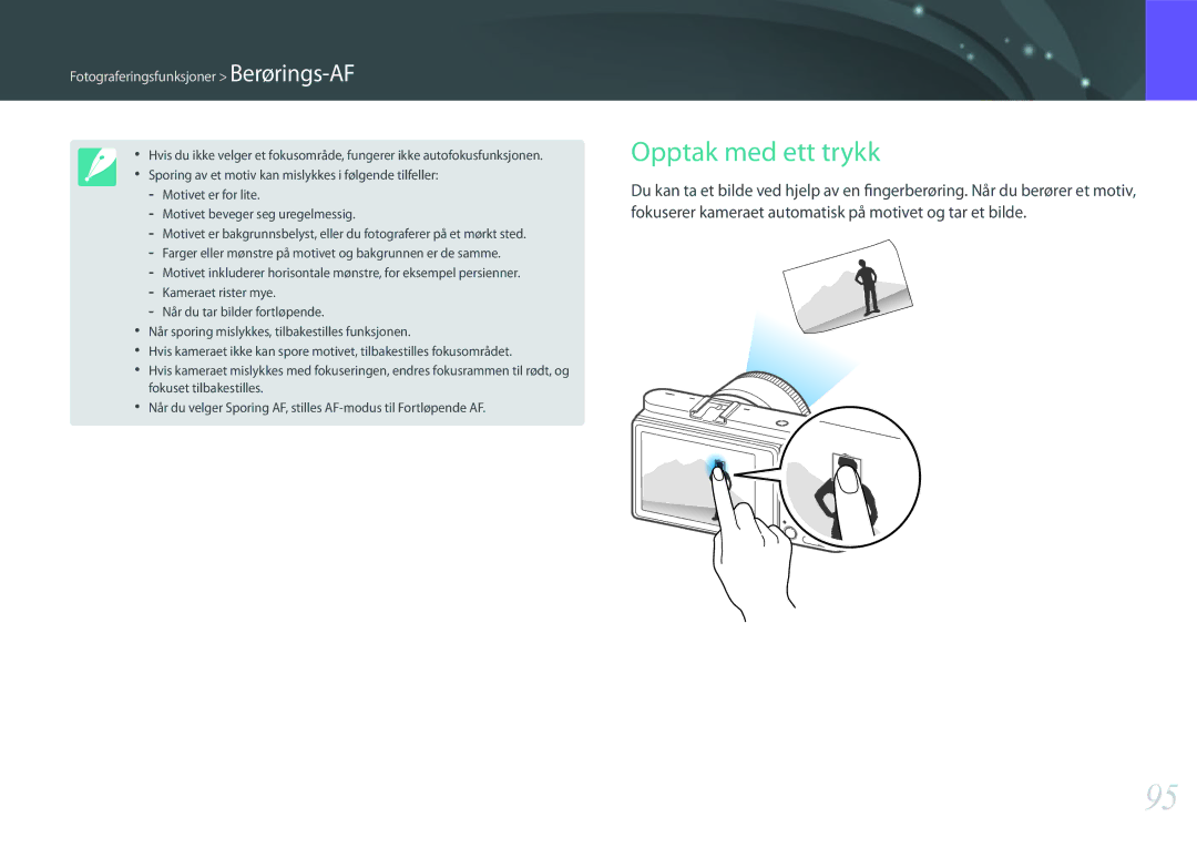 Samsung EV-NX500ZBMHDK, EV-NX500ZBMIDK, EV-NX500ZBMJDK manual Opptak med ett trykk, Fotograferingsfunksjoner Berørings-AF 