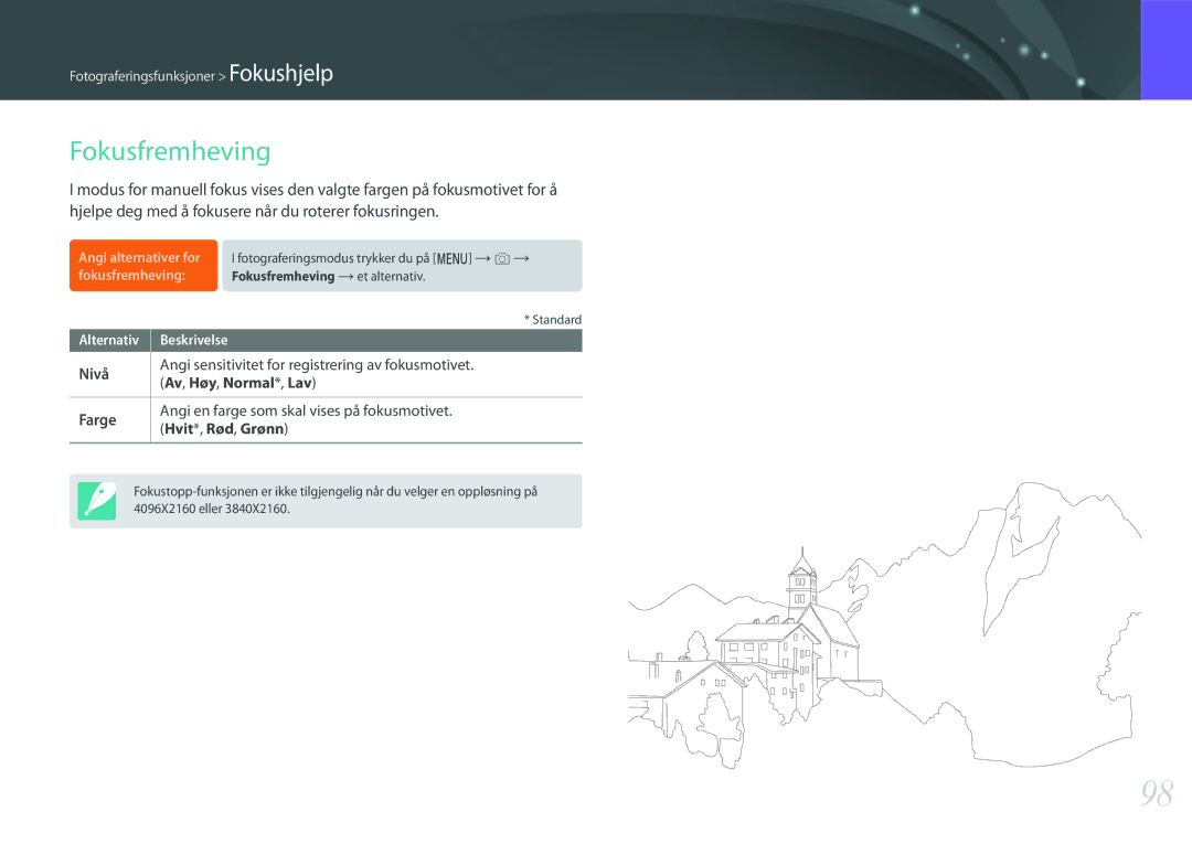 Samsung EV-NX500ZBMHSE, EV-NX500ZBMHDK manual Fokusfremheving, Nivå, Av, Høy, Normal*, Lav, Farge, Hvit*, Rød, Grønn 