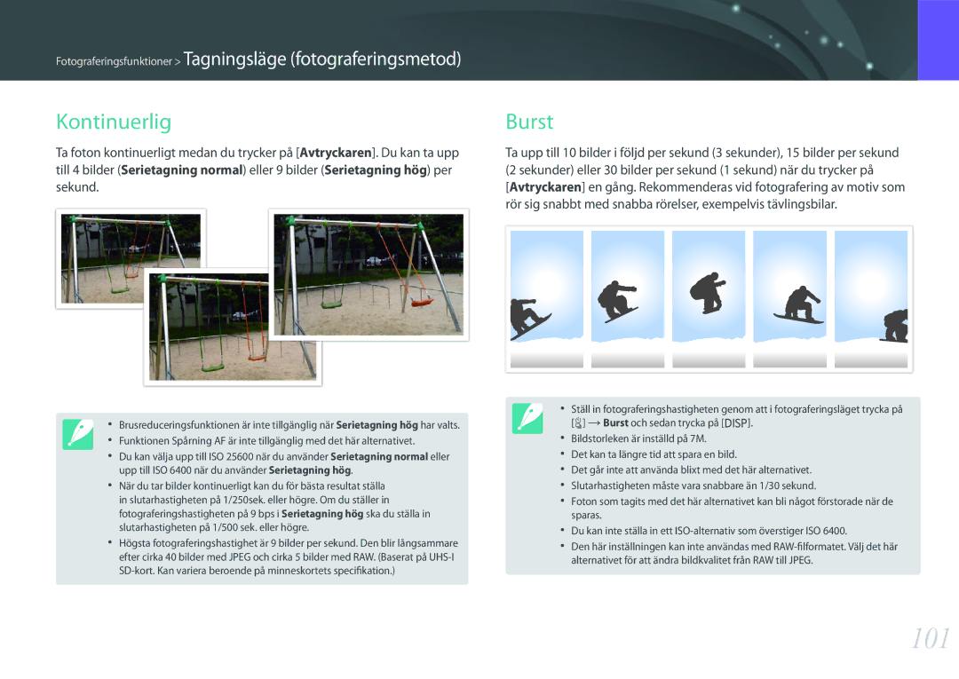 Samsung EV-NX500ZBMHDK, EV-NX500ZBMIDK, EV-NX500ZBMJDK, EV-NX500ZBMHSE, EV-NX500ZBMISE manual 101, Kontinuerlig, Burst, Sekund 