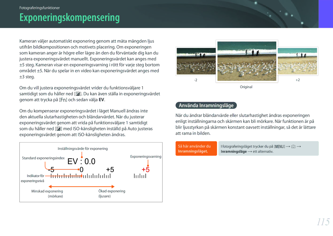 Samsung EV-NX500ZBMJDK, EV-NX500ZBMHDK manual Exponeringskompensering, 115, Använda Inramningsläge, Inramningsläget 