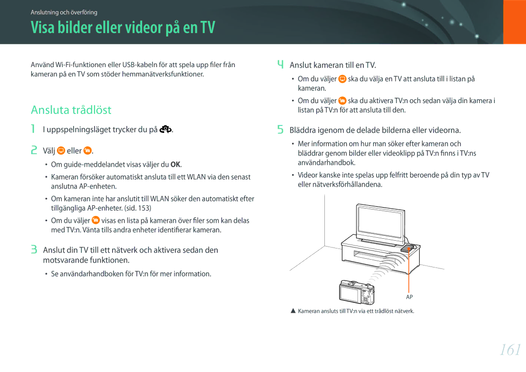 Samsung EV-NX500ZBMHDK manual 161, Ansluta trådlöst, Uppspelningsläget trycker du på Välj eller, Anslut kameran till en TV 