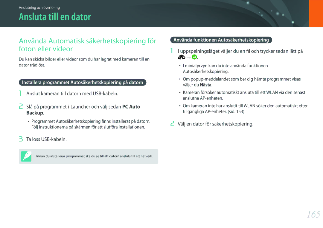 Samsung EV-NX500ZBMISE, EV-NX500ZBMHDK Ansluta till en dator, 165, Installera programmet Autosäkerhetskopiering på datorn 