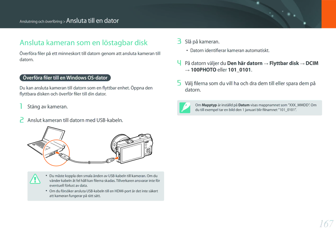 Samsung EV-NX500ZBMHDK, EV-NX500ZBMIDK 167, Ansluta kameran som en löstagbar disk, Överföra filer till en Windows OS-dator 