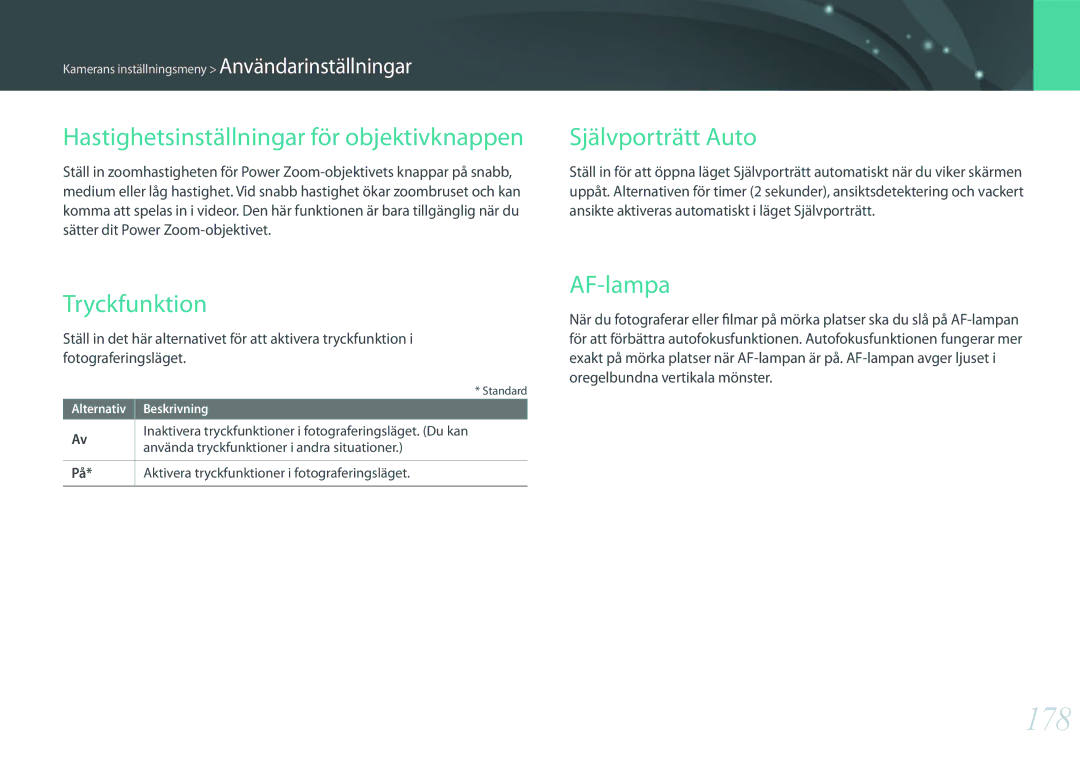 Samsung EV-NX500ZBMJSE manual 178, Hastighetsinställningar för objektivknappen, Självporträtt Auto, Tryckfunktion AF-lampa 