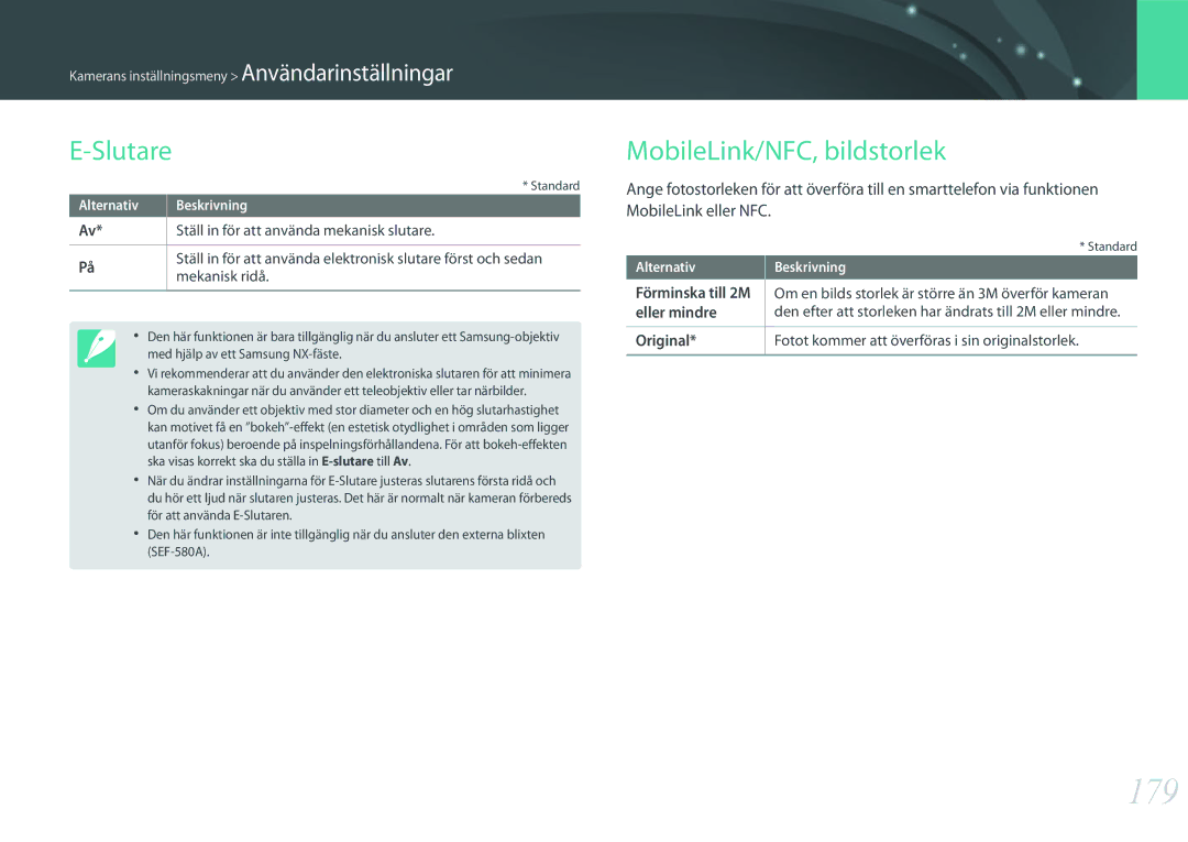 Samsung EV-NX500ZBMHDK, EV-NX500ZBMIDK, EV-NX500ZBMJDK, EV-NX500ZBMHSE manual 179, Slutare, MobileLink/NFC, bildstorlek 