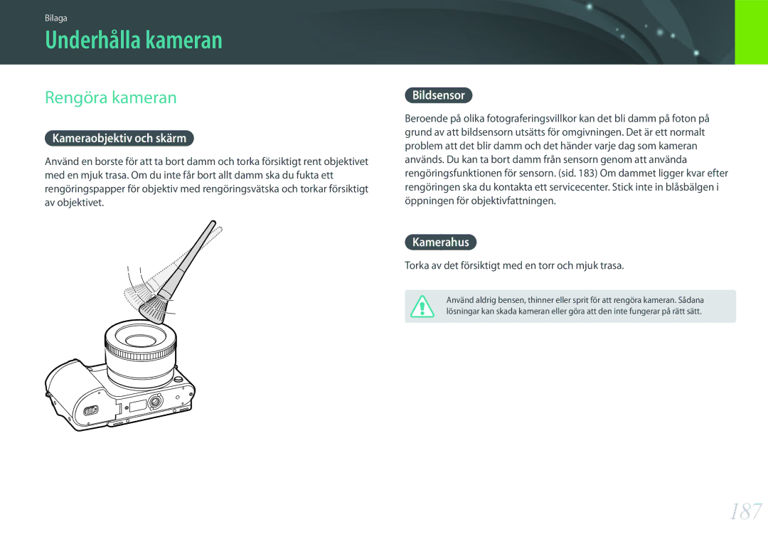Samsung EV-NX500ZBMJDK, EV-NX500ZBMHDK, EV-NX500ZBMIDK, EV-NX500ZBMHSE manual Underhålla kameran, 187, Rengöra kameran 