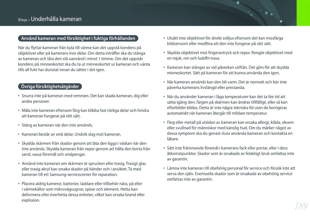 Samsung EV-NX500ZBMISE manual 189, Använd kameran med försiktighet i fuktiga förhållanden, Övriga försiktighetsåtgärder 