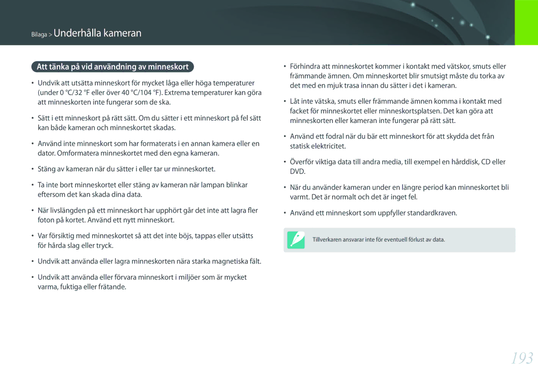 Samsung EV-NX500ZBMJDK, EV-NX500ZBMHDK, EV-NX500ZBMIDK, EV-NX500ZBMHSE manual 193, Att tänka på vid användning av minneskort 