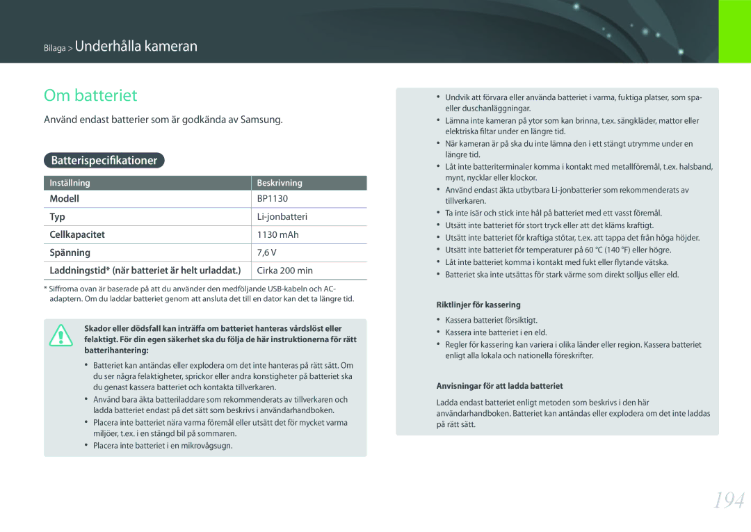 Samsung EV-NX500ZBMHSE manual 194, Om batteriet, Batterispecifikationer, Använd endast batterier som är godkända av Samsung 
