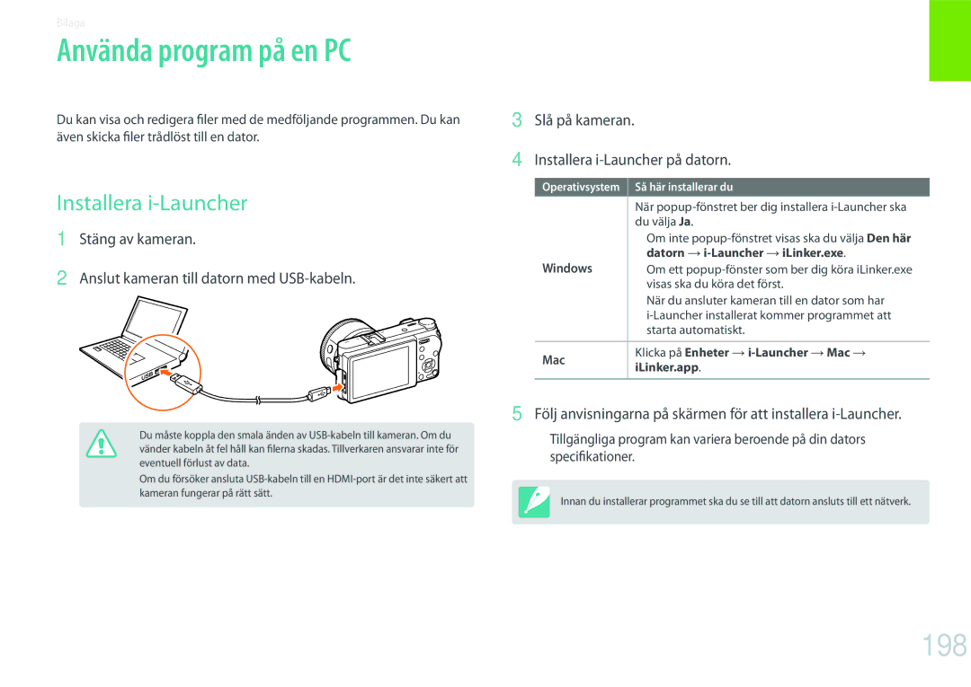 Samsung EV-NX500ZBMIDK, EV-NX500ZBMHDK, EV-NX500ZBMJDK, EV-NX500ZBMHSE Använda program på en PC, 198, Installera i-Launcher 