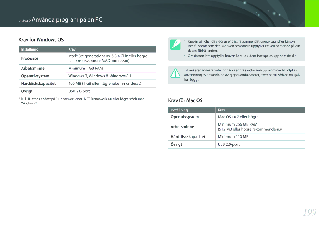 Samsung EV-NX500ZBMJDK, EV-NX500ZBMHDK, EV-NX500ZBMIDK, EV-NX500ZBMHSE manual 199, Krav för Windows OS, Krav för Mac OS 