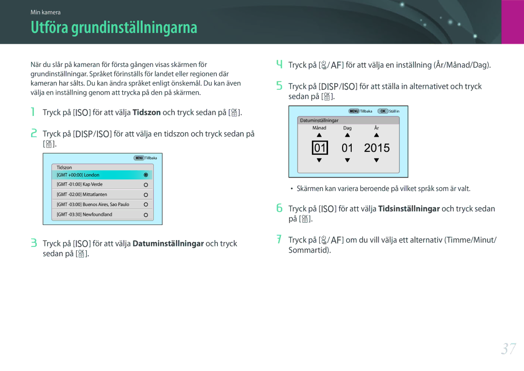 Samsung EV-NX500ZBMJDK, EV-NX500ZBMHDK, EV-NX500ZBMIDK, EV-NX500ZBMHSE, EV-NX500ZBMISE manual Utföra grundinställningarna 