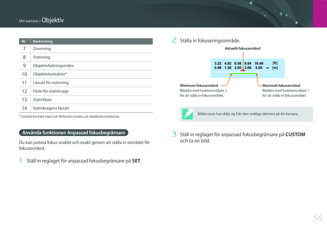 Samsung EV-NX500ZBMHSE, EV-NX500ZBMHDK manual Använda funktionen Anpassad fokusbegränsare, För att ställa in fokusområdet 