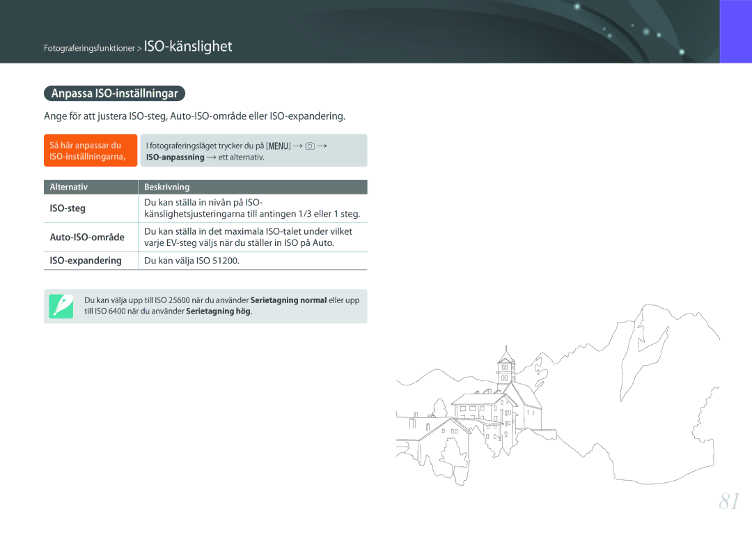 Samsung EV-NX500ZBMISE, EV-NX500ZBMHDK manual Anpassa ISO-inställningar, ISO-steg, Auto-ISO-område, ISO-expandering 