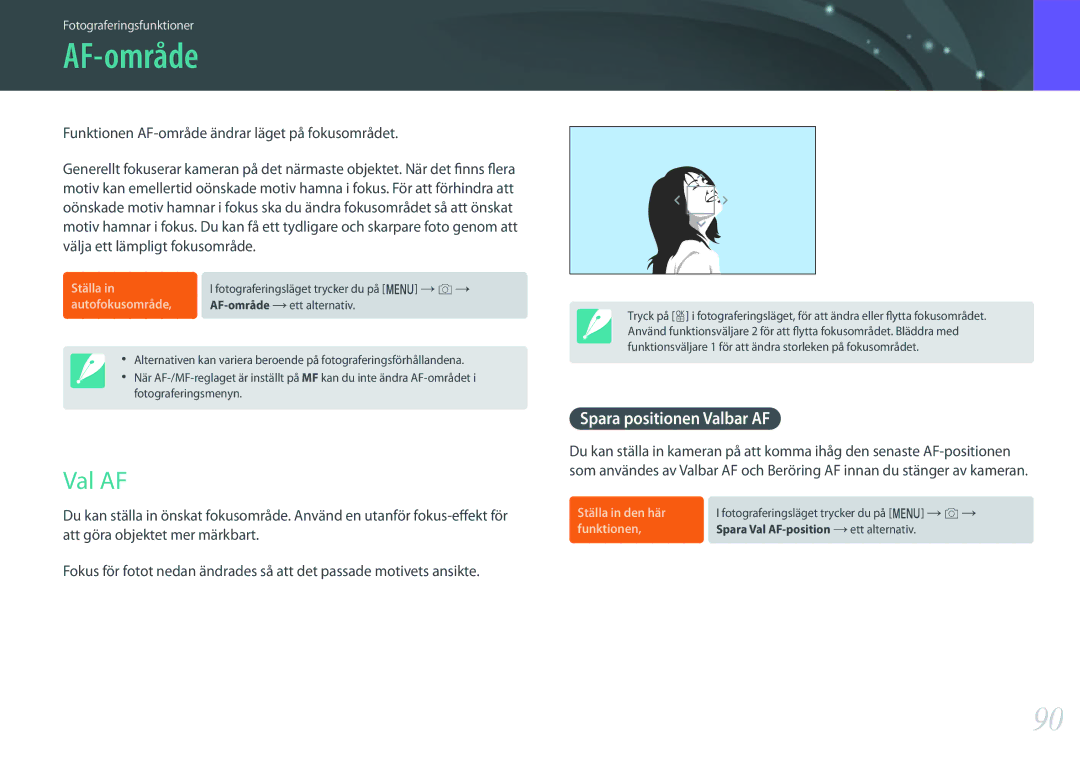 Samsung EV-NX500ZBMIDK manual Val AF, Spara positionen Valbar AF, Funktionen AF-område ändrar läget på fokusområdet 