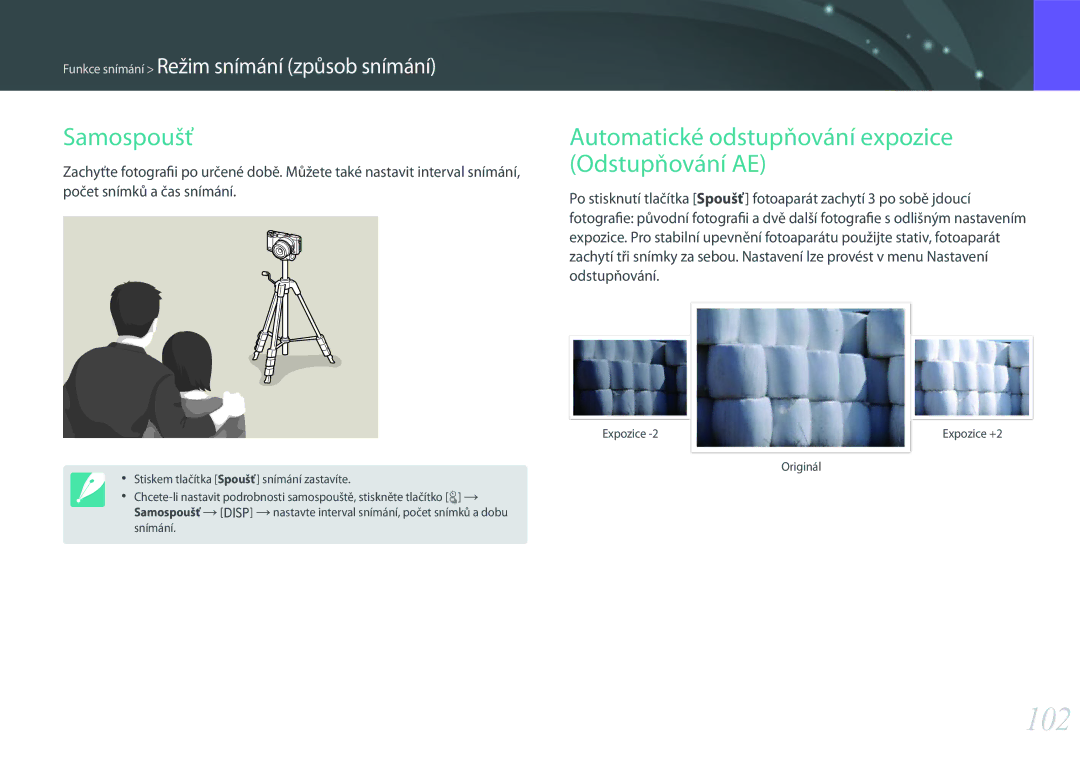 Samsung EV-NX500ZBMIHU, EV-NX500ZBMICH, EV-NX500ZBMHHU 102, Samospoušť, Automatické odstupňování expozice Odstupňování AE 