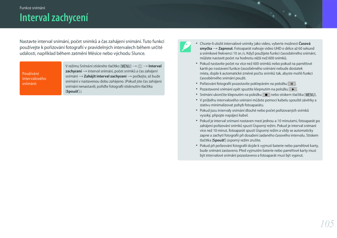 Samsung EV-NX500ZBMIHU, EV-NX500ZBMICH, EV-NX500ZBMHHU manual Interval zachycení, 105, Používání Intervalového Snímání 