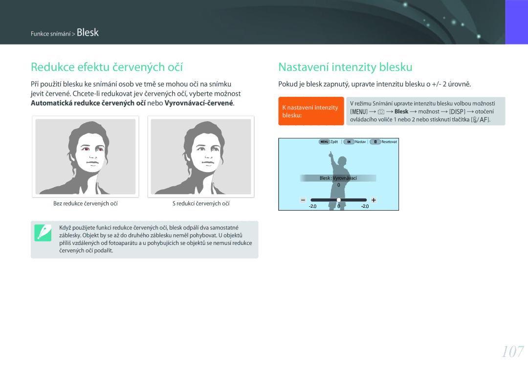 Samsung EV-NX500ZBMICH, EV-NX500ZBMIHU manual 107, Redukce efektu červených očí, Nastavení intenzity blesku, Blesku 