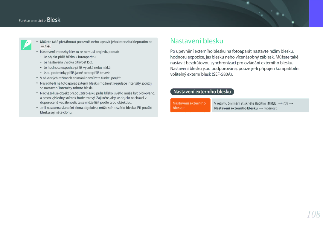 Samsung EV-NX500ZBMIHU, EV-NX500ZBMICH, EV-NX500ZBMHHU manual 108, Nastavení blesku, Nastavení externího blesku 