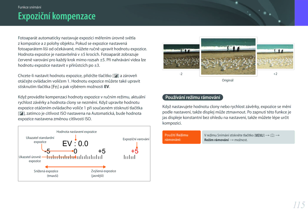 Samsung EV-NX500ZBMHHU, EV-NX500ZBMICH manual Expoziční kompenzace, 115, Používání režimu rámování, Použití Režimu, Rámování 