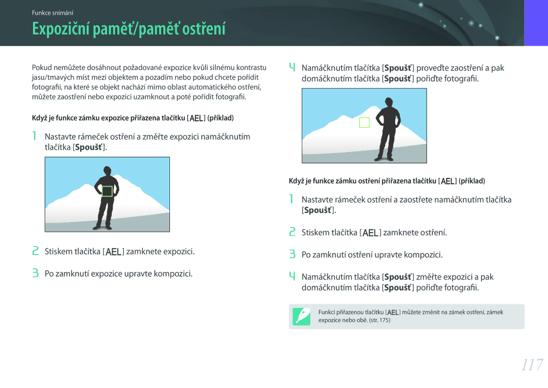 Samsung EV-NX500ZBMIHU, EV-NX500ZBMICH, EV-NX500ZBMHHU manual 117, Expoziční paměť/paměť ostření 