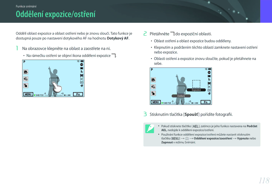 Samsung EV-NX500ZBMHHU, EV-NX500ZBMICH, EV-NX500ZBMIHU manual Oddělení expozice/ostření, 118, Přetáhněte Do expoziční oblasti 