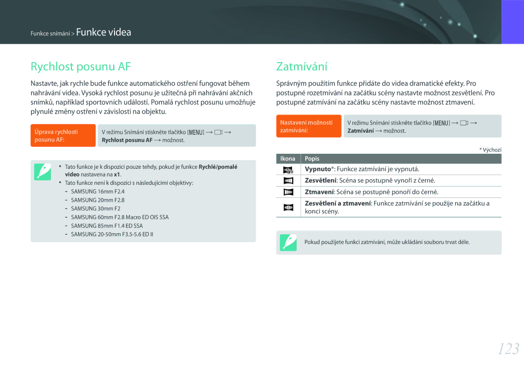 Samsung EV-NX500ZBMIHU, EV-NX500ZBMICH, EV-NX500ZBMHHU manual 123, Rychlost posunu AF, Zatmívání 