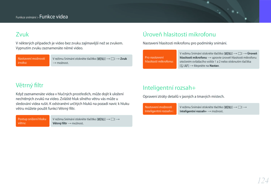 Samsung EV-NX500ZBMHHU, EV-NX500ZBMICH manual 124, Zvuk, Úroveň hlasitosti mikrofonu, Větrný filtr, Inteligentní rozsah+ 