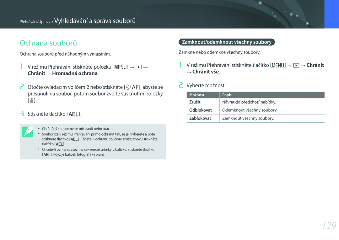 Samsung EV-NX500ZBMIHU manual 129, Zamknout/odemknout všechny soubory, Ochrana souborů před náhodným vymazáním 