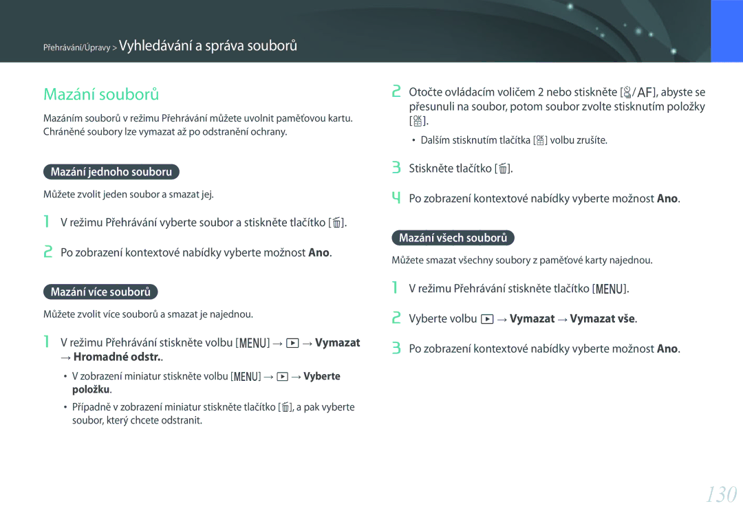 Samsung EV-NX500ZBMHHU manual 130, Mazání souborů, Mazání jednoho souboru, Mazání více souborů, Mazání všech souborů 