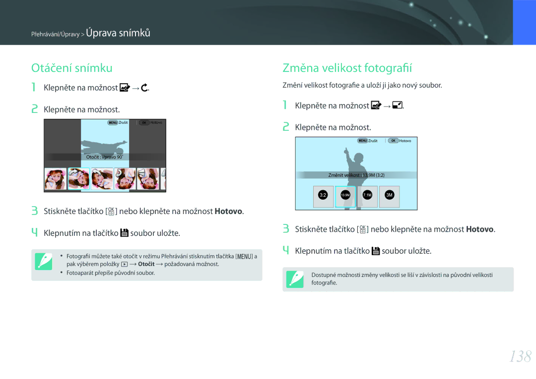 Samsung EV-NX500ZBMIHU, EV-NX500ZBMICH, EV-NX500ZBMHHU manual 138, Otáčení snímku, Změna velikost fotografií 