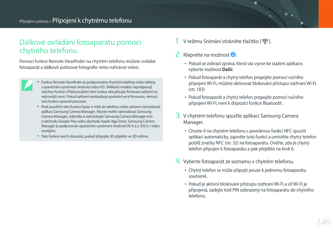 Samsung EV-NX500ZBMICH, EV-NX500ZBMIHU, EV-NX500ZBMHHU manual 146, Dálkové ovládání fotoaparátu pomocí chytrého telefonu 