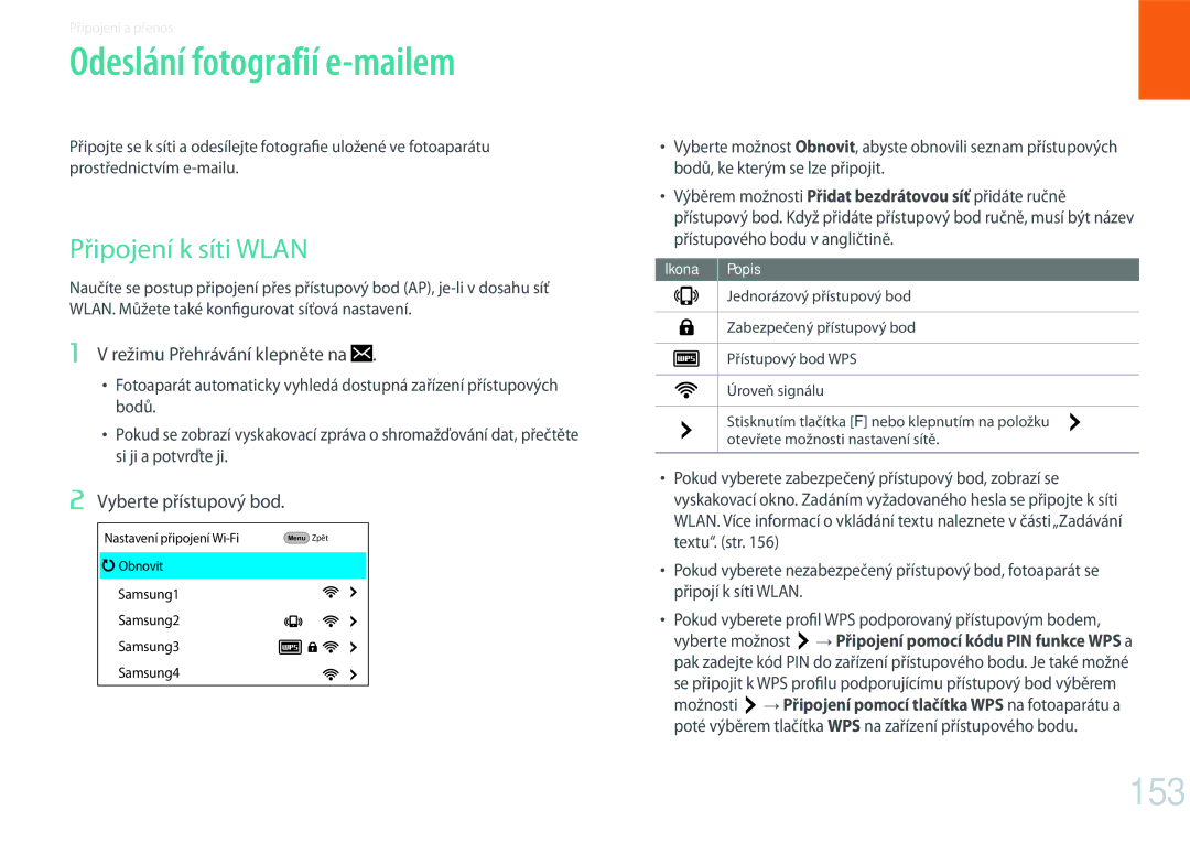 Samsung EV-NX500ZBMIHU manual Odeslání fotografií e-mailem, 153, Připojení k síti Wlan, Režimu Přehrávání klepněte na 