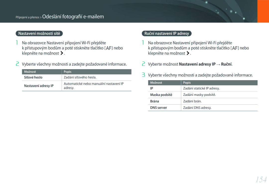 Samsung EV-NX500ZBMHHU, EV-NX500ZBMICH, EV-NX500ZBMIHU manual 154, Nastavení možností sítě, Ruční nastavení IP adresy 