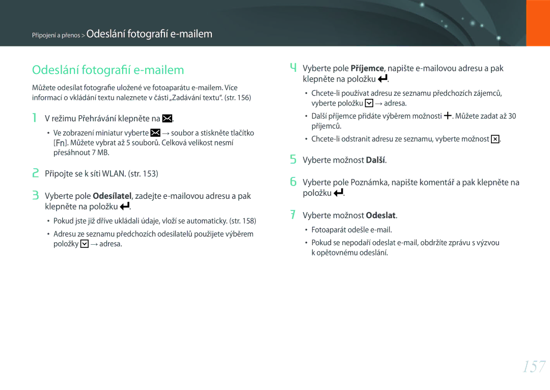 Samsung EV-NX500ZBMHHU, EV-NX500ZBMICH, EV-NX500ZBMIHU manual 157, Odeslání fotografií e-mailem 