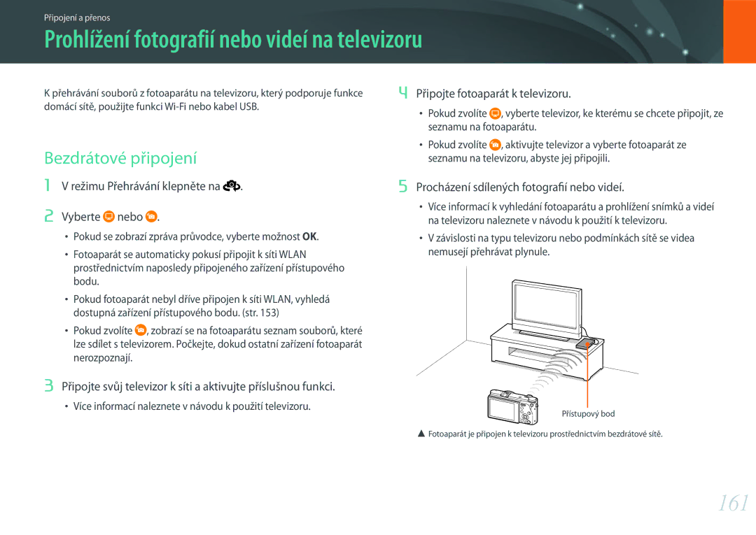 Samsung EV-NX500ZBMICH, EV-NX500ZBMIHU manual Prohlížení fotografií nebo videí na televizoru, 161, Bezdrátové připojení 