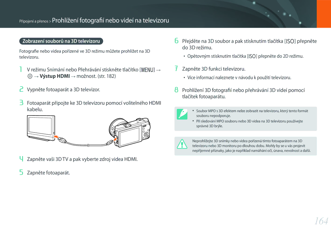 Samsung EV-NX500ZBMICH, EV-NX500ZBMIHU manual 164, Zobrazení souborů na 3D televizoru, Zapněte 3D funkci televizoru 