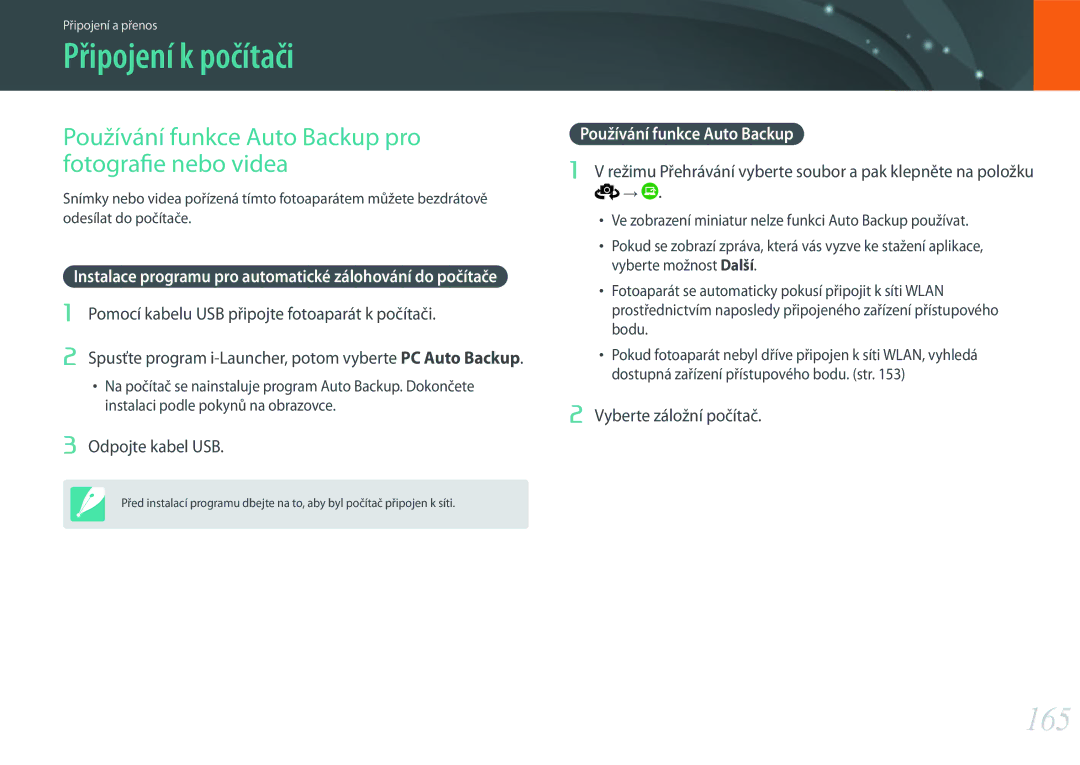 Samsung EV-NX500ZBMIHU, EV-NX500ZBMICH Připojení k počítači, 165, Používání funkce Auto Backup pro fotografie nebo videa 