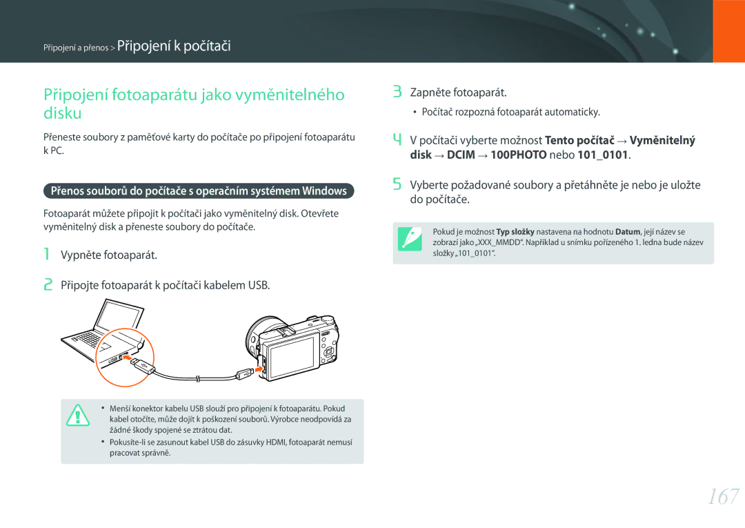 Samsung EV-NX500ZBMICH, EV-NX500ZBMIHU, EV-NX500ZBMHHU manual 167, Připojení fotoaparátu jako vyměnitelného disku 