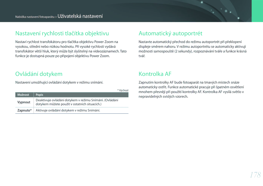 Samsung EV-NX500ZBMHHU manual 178, Nastavení rychlosti tlačítka objektivu, Automatický autoportrét, Ovládání dotykem 