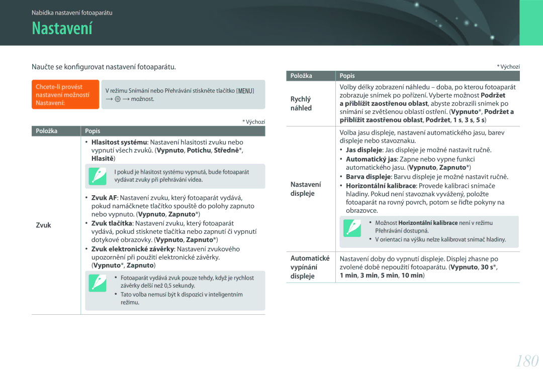 Samsung EV-NX500ZBMIHU, EV-NX500ZBMICH, EV-NX500ZBMHHU manual Nastavení, 180, Naučte se konfigurovat nastavení fotoaparátu 