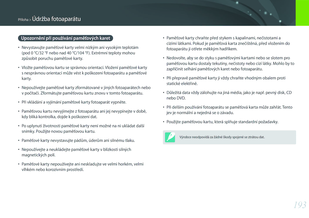 Samsung EV-NX500ZBMHHU, EV-NX500ZBMICH, EV-NX500ZBMIHU manual 193, Upozornění při používání paměťových karet 