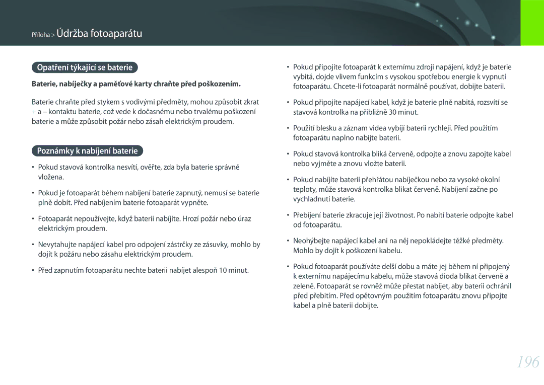 Samsung EV-NX500ZBMHHU, EV-NX500ZBMICH, EV-NX500ZBMIHU manual 196, Opatření týkající se baterie, Poznámky k nabíjení baterie 